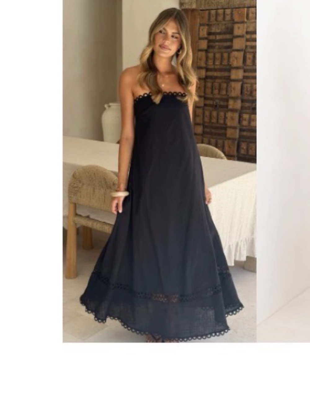 Classic Strapless Black Maxi Dress with Eyelet Trim